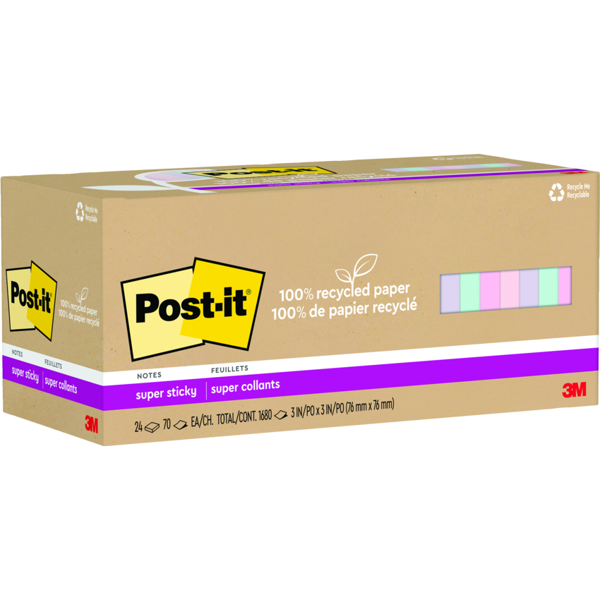 Post-it® Super Sticky Notes 3" x 3" 70 sheets per pad Assorted Wanderlust Pastel Colours 24 pads/pkg