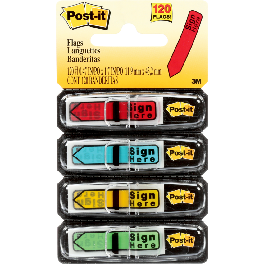 Post-it® Mini Flags Sign Here Arrow Action Set 1/2" x 1-11/16" 30 flags per dispenser Assorted Colours 4 dispensers/pkg