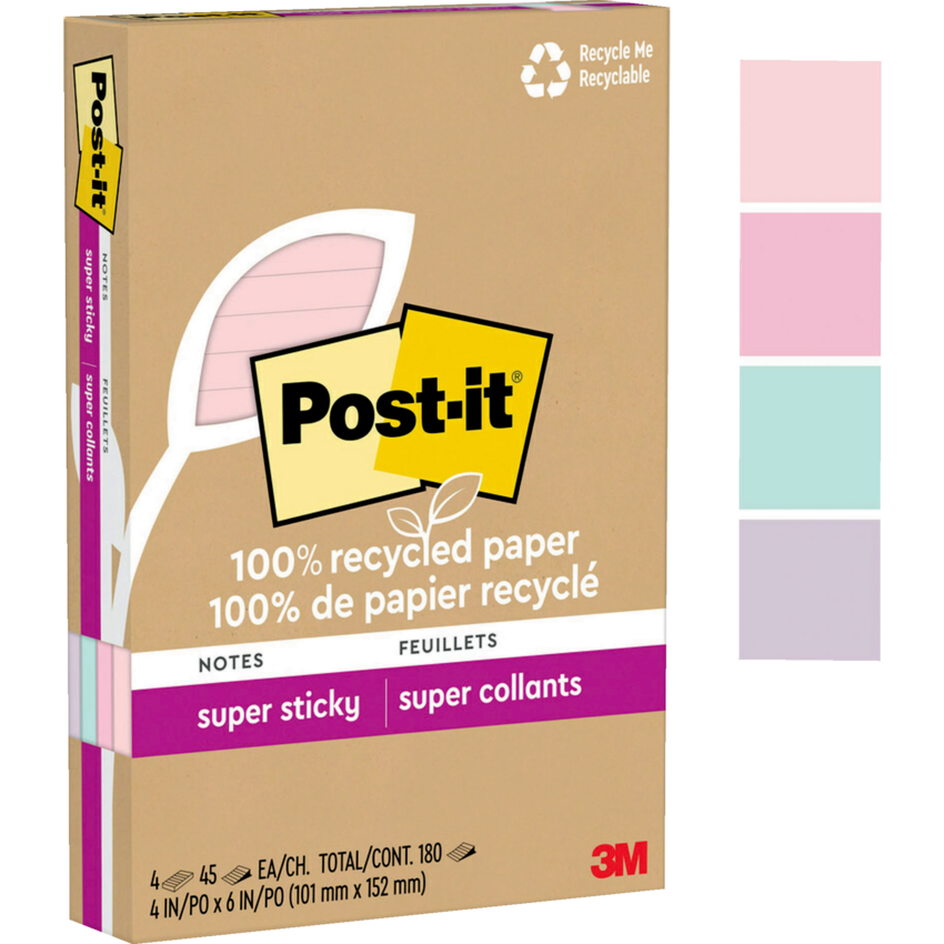 Post-it® Super Sticky Notes Lined 4" x 6" Assorted Wanderlust Pastel Colours 4 pads/pkg