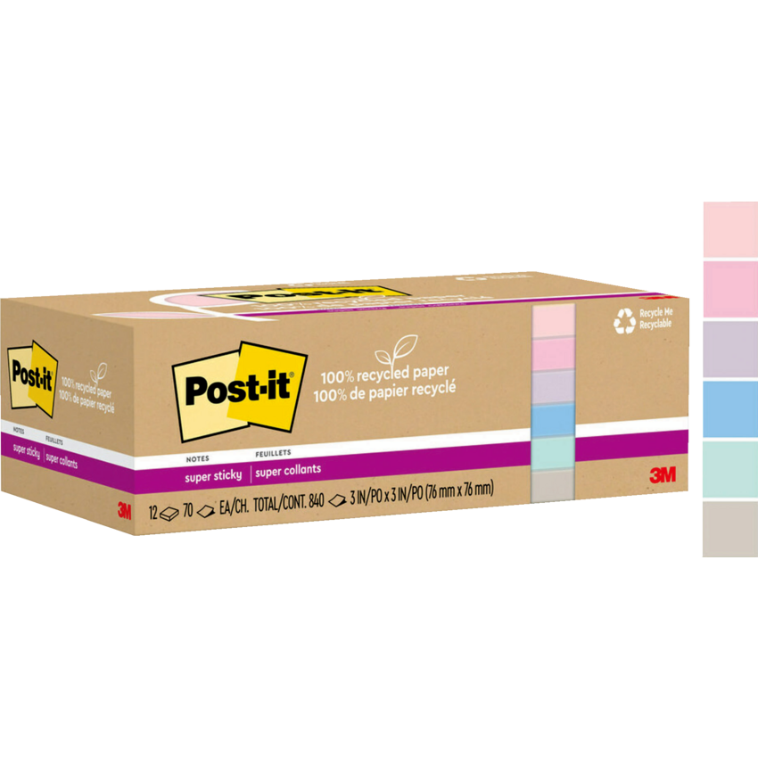 Post-it® Super Sticky Notes 3" x 3" 70 sheets per pad Assorted Wanderlust Pastel Colours 12 pads/pkg