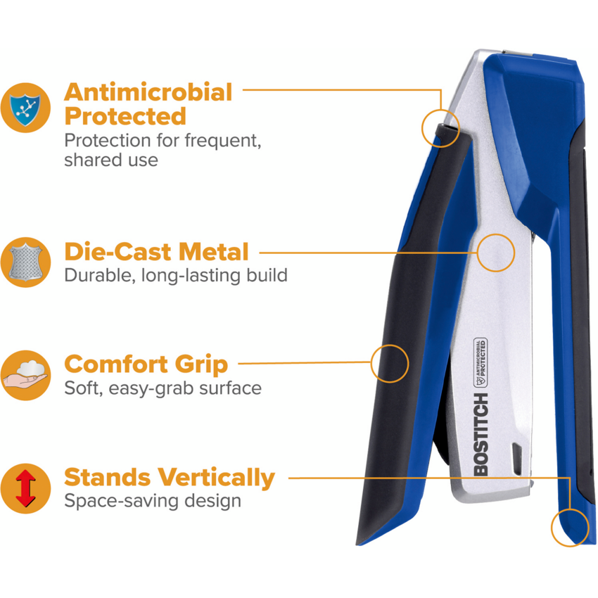 Bostitch InPower™ Spring-Powered Antimicrobial Premium Desktop Stapler Full Strip 28 Sheet Blue and Silver