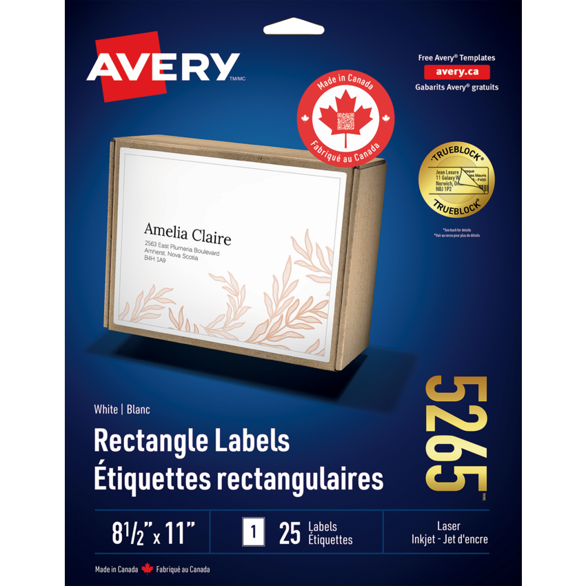 Avery® TrueBlock™  Shipping Labels 8-1/2" x 11" (25 Labels) Laser and Inkjet White 25 sheets/pkg