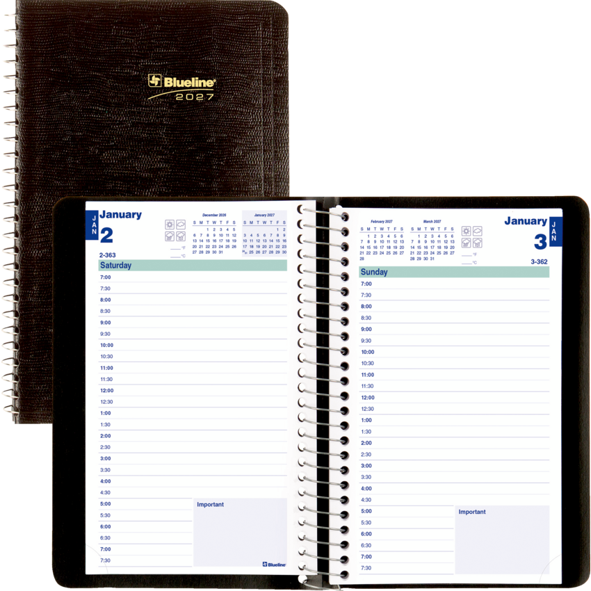 Blueline® Essential Daily Planner Soft Cover 8" x 5" English Black