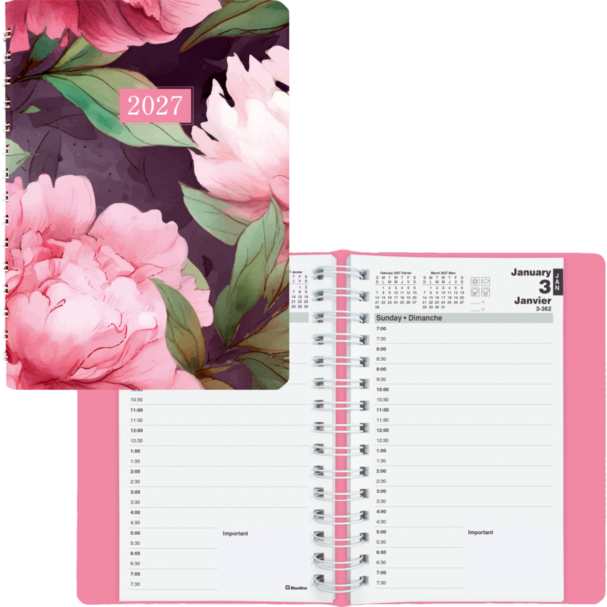 Blueline® Essential Pink Ribbon Daily Diary Twin Wire Soft Cover 8" x 5" Bilingual Pink Daisy Design