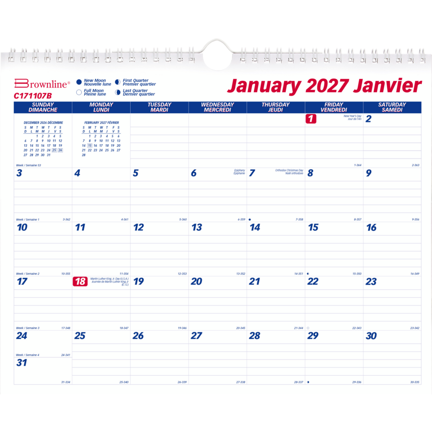 Blueline® Monthly Wall Calendar Twin wire bound 12 months 15" x 12" Bilingual