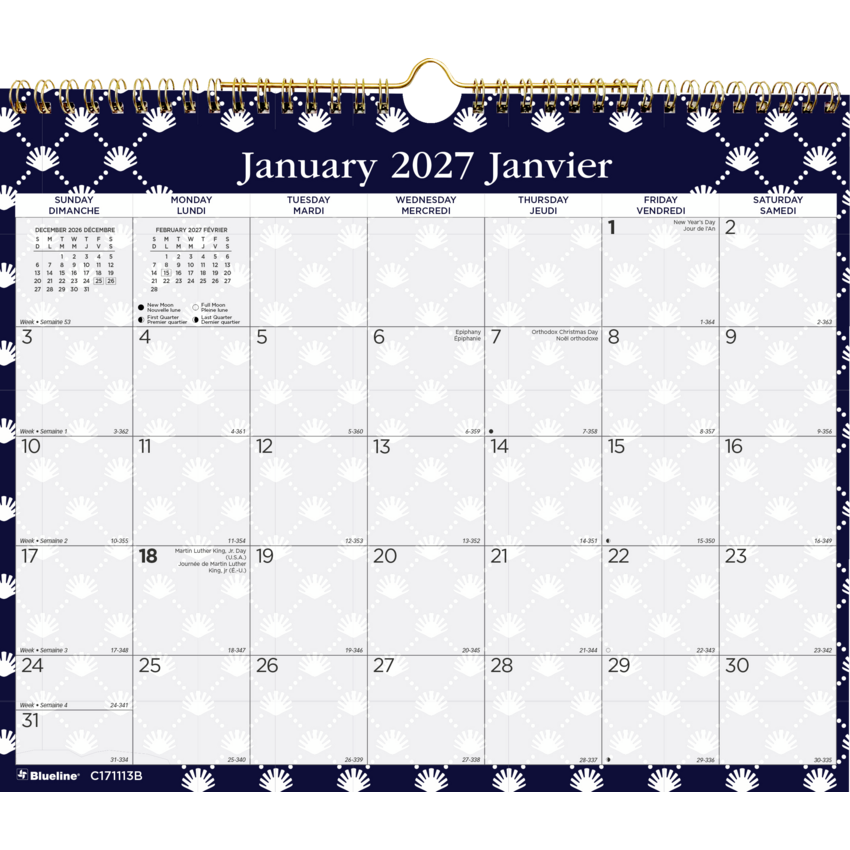 Blueline® Monthly Wall Calendars Twin wire bound 12 months 15" x 12" Bilingual Wildflowers