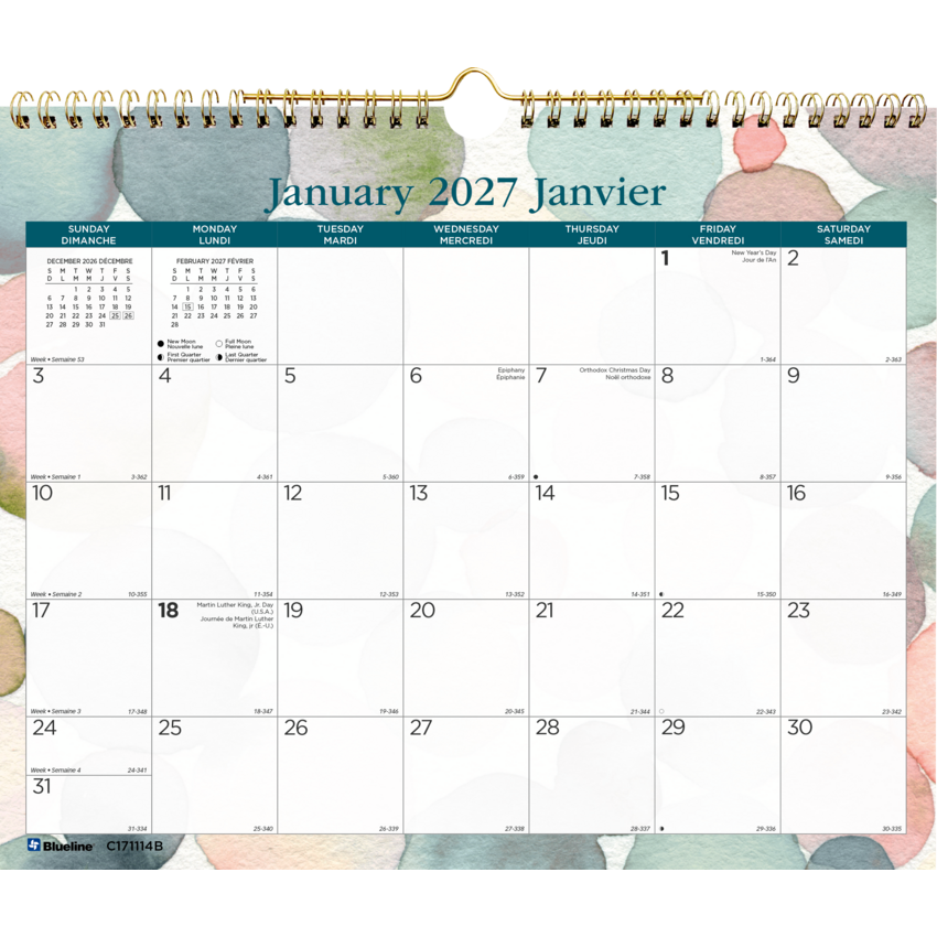 Blueline® Monthly Wall Calendars Twin wire bound 12 months 15" x 12" Bilingual Twilight Floral