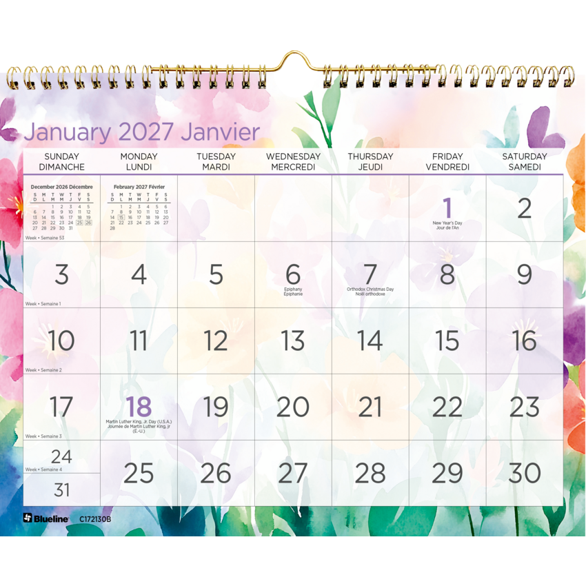 Blueline® Colourful Monthly Wall Calendar 11" x 8" Bilingual Hibiscus Design