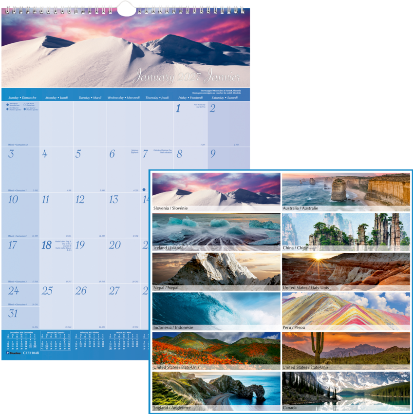 Blueline® Imagine Collection Wall Calendar 12" x 17" Bilingual