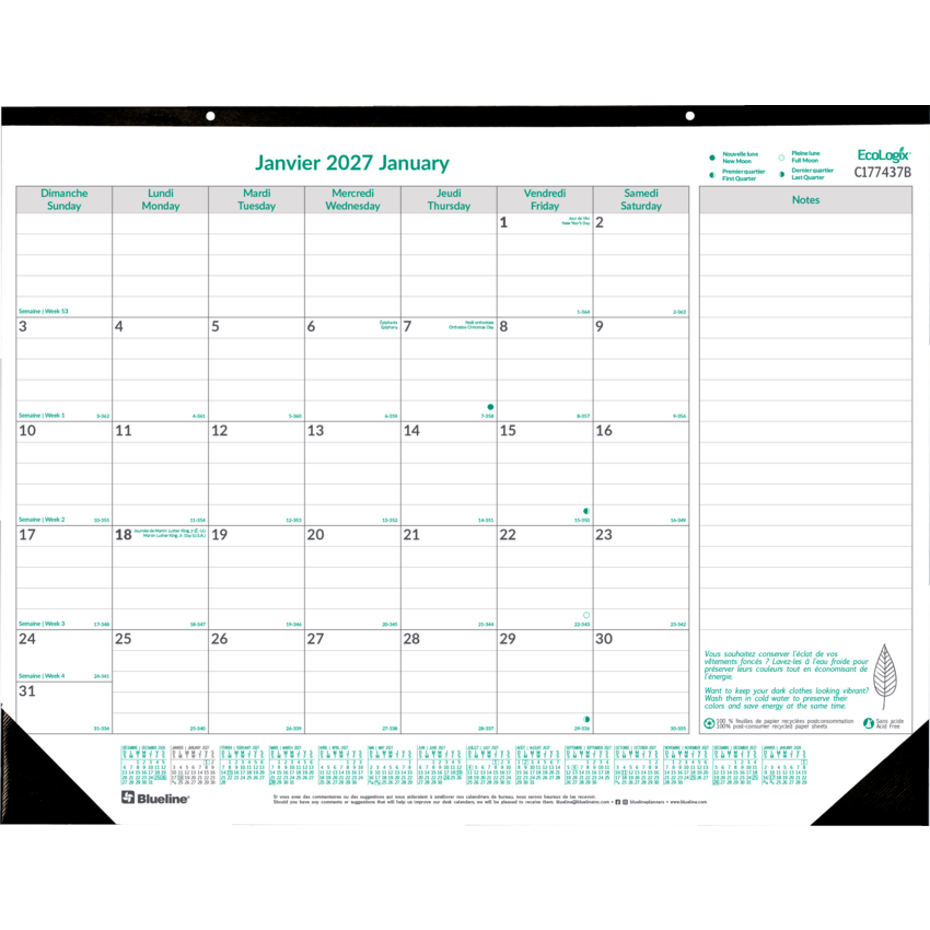 Blueline® Ecologix™ Monthly Desk Pad 22" x 17" Bilingual
