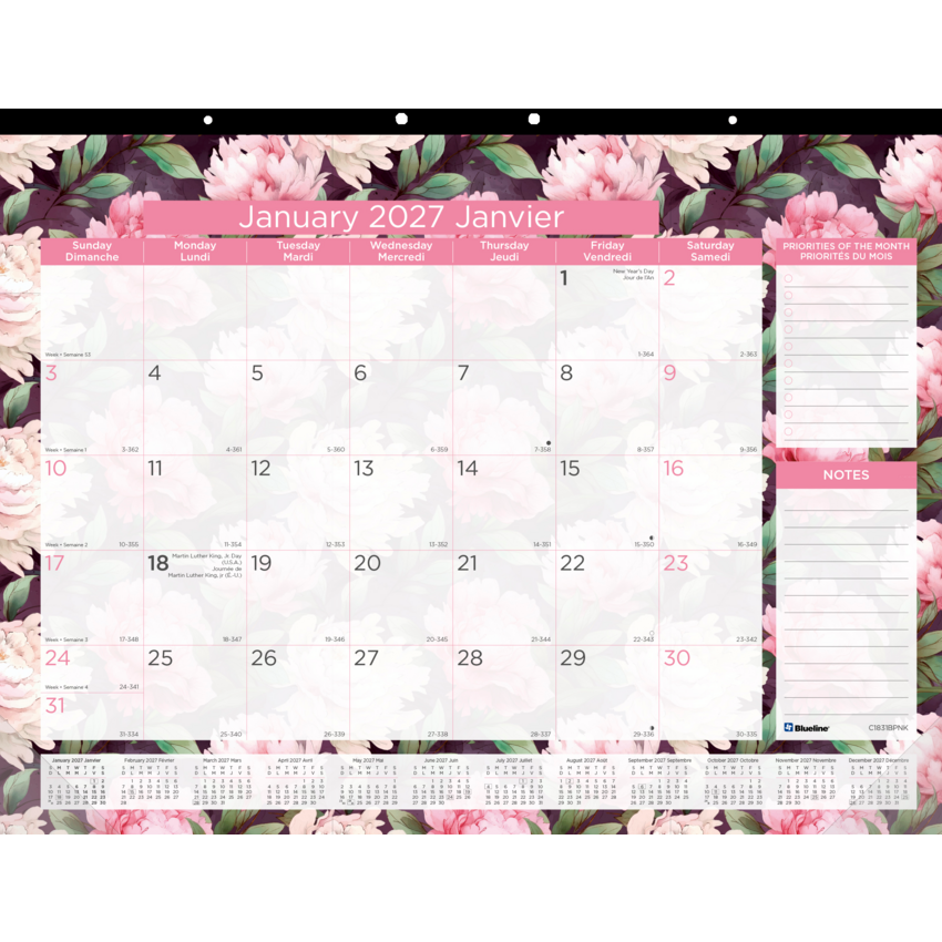 Blueline® Pink Ribbon Monthly Desk Pad 22" x 17" Bilingual Pink Daisy Desgin
