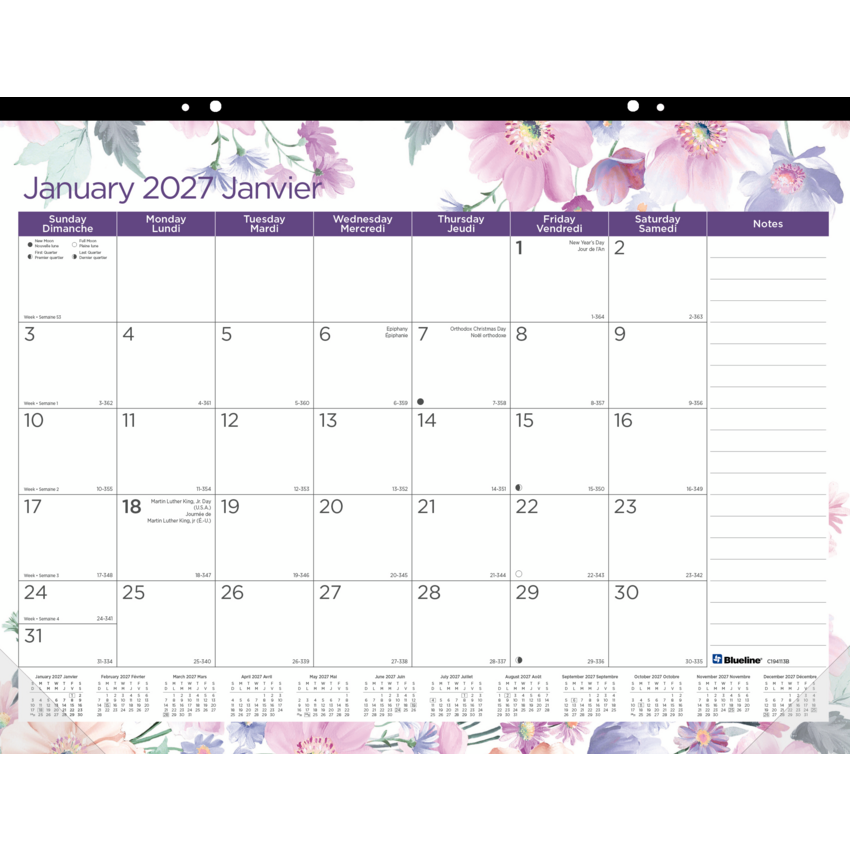 Blueline® Monthly Desk Pad 22" x 17" Bilingual Floral Design