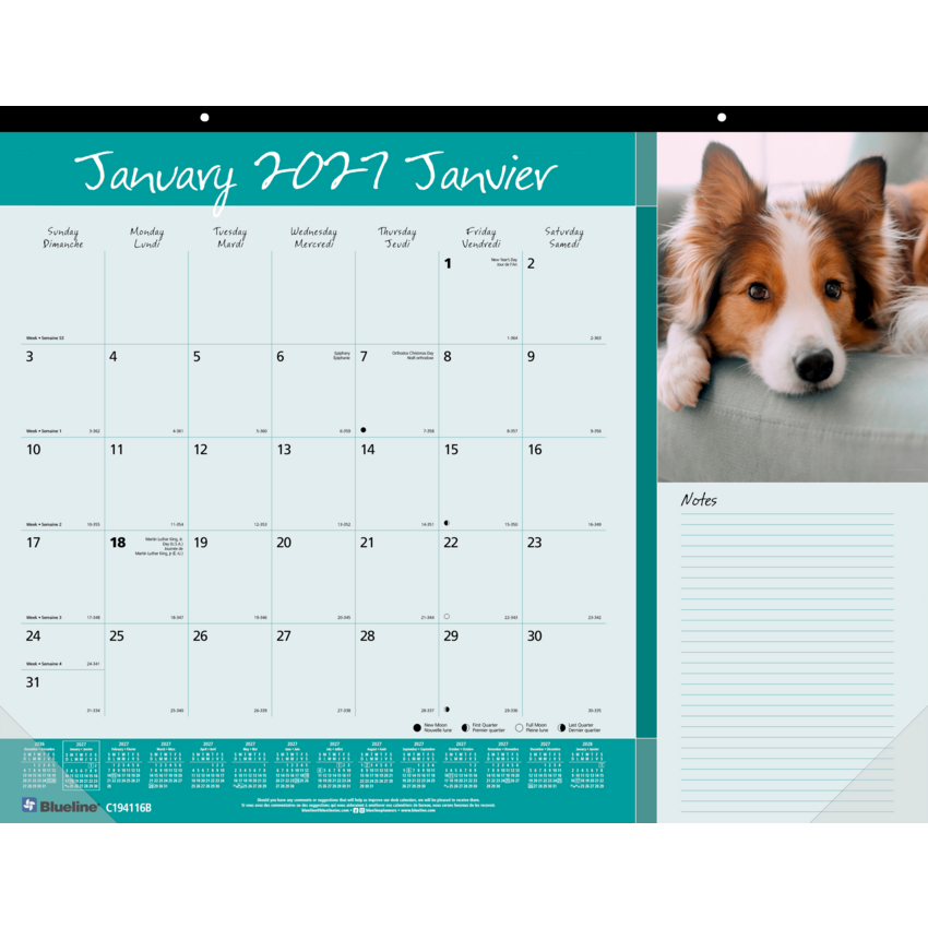 Blueline® Monthly Desk Pads 22" x 17" Dog Bilingual