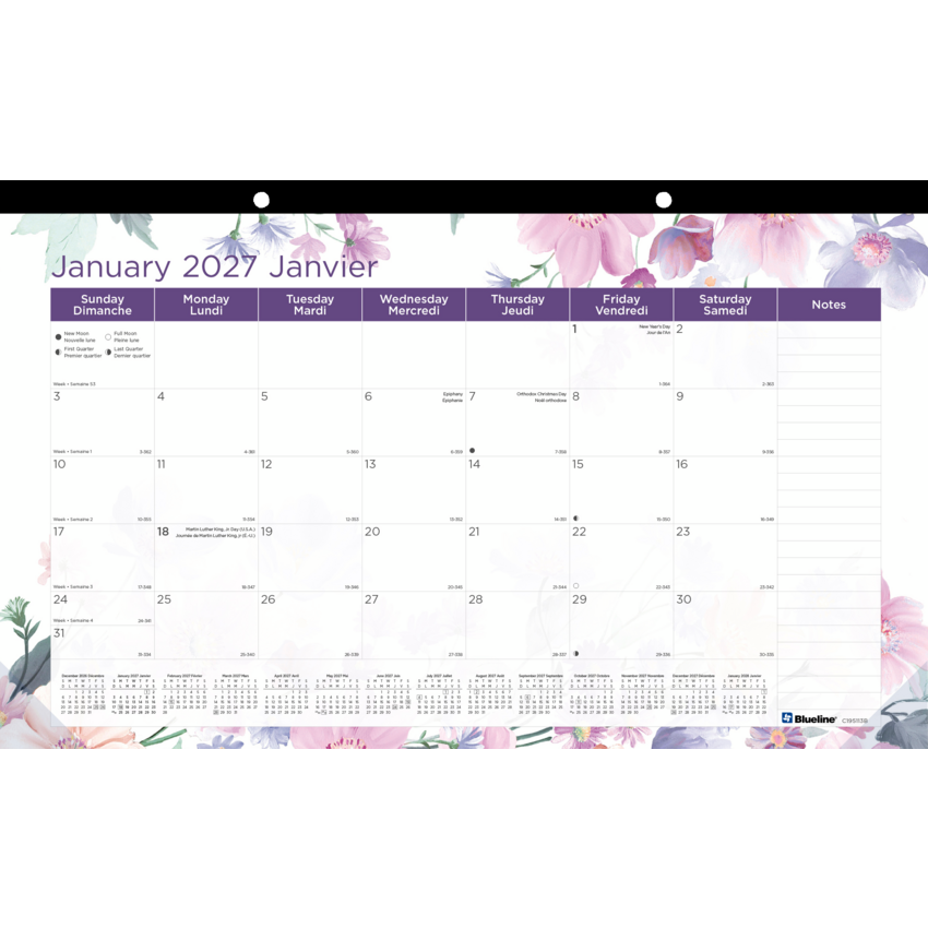 Blueline® Monthly Desk Pad  17-3/4" x 10-7/8" Bilingual Floral Design
