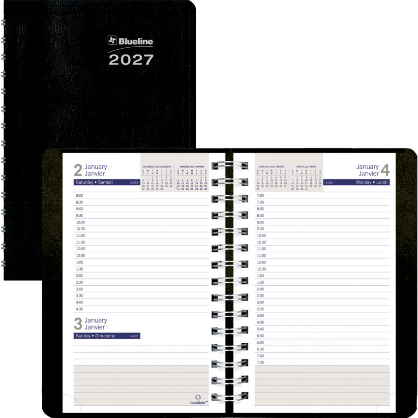 Blueline® DuraGlobe™ Daily Planner Soft Cover 8" x 5" Bilingual Black