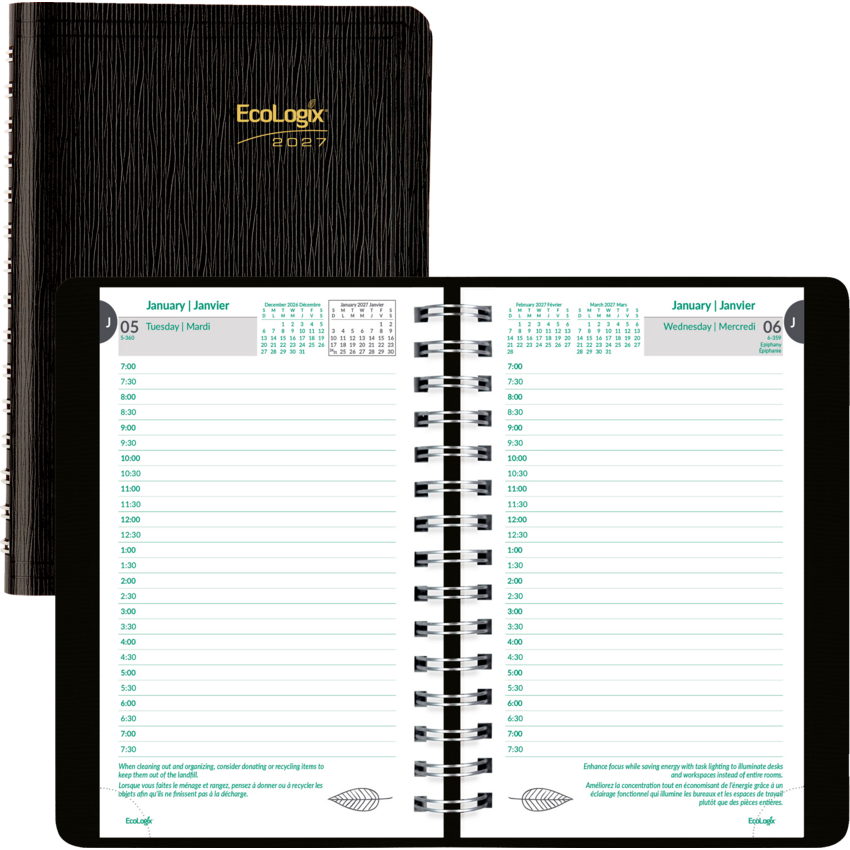Blueline® EcoLogix® Daily Diary 8x5" Bilingual Black