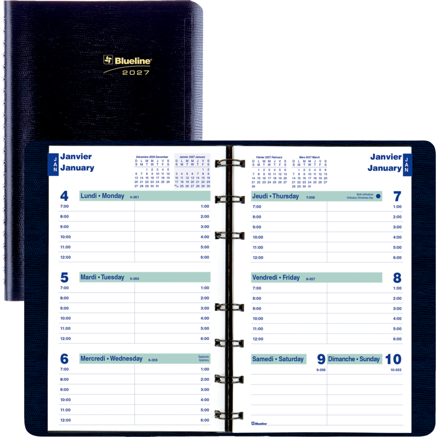 Blueline® Essential Weekly Diary Soft Cover Twin Wire 8x5" Bilingual Blue