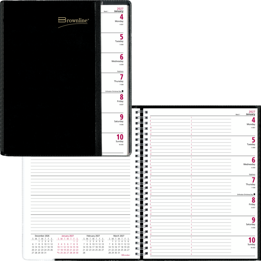 Brownline® Pre-Vu Weekly Planner 12 months 11" x 8-1/2" English Black