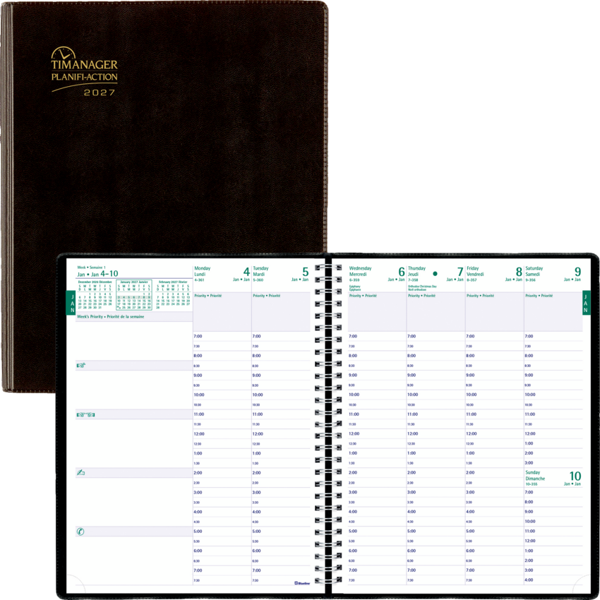 Blueline® Timanager® Planifi-Action® Weekly/Monthly Planner Vinyl Cover 8-1/2" x 6-3/4" Bilingual Black