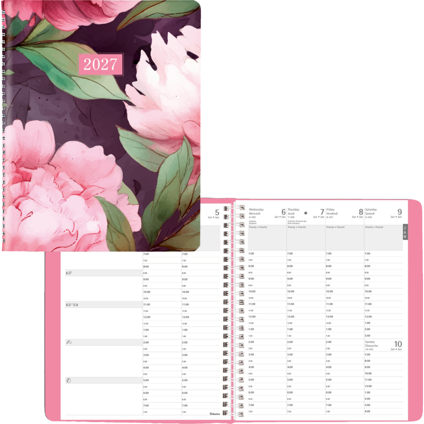Blueline® Timanager® Planifi-Action® Pink Ribbon Weekly Planner Twin Wire Soft printed Cover 8-1/2" x 6-3/4" Pink Daisty Design Bilingual
