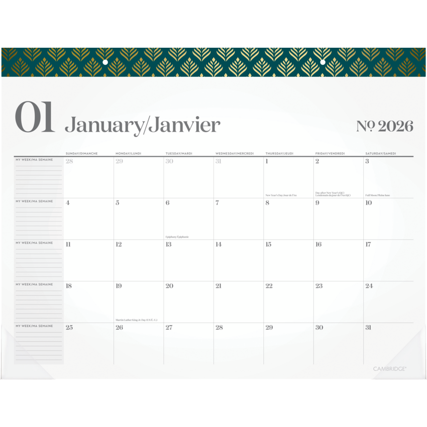 Cambridge® WorkStyle® Monthly Desk Pad Calendar 21-3/4” x 17” Bilingual Transformative Teal